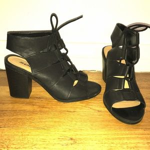 Black leather open toe heels. NEVER BEEN WORN